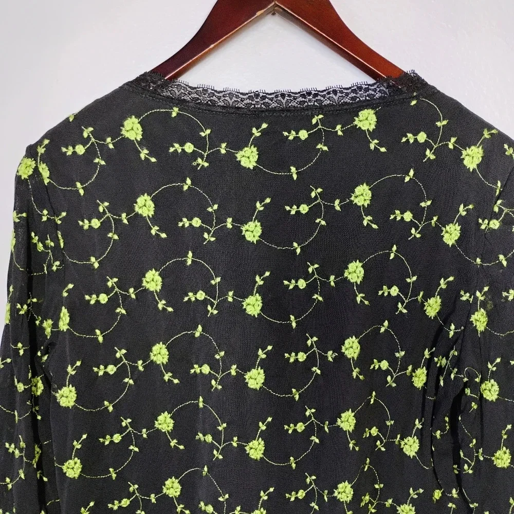 Style & Co Y2K Sheer Sleeve Babydoll Floral Embroidered‎ Top Black Size Large